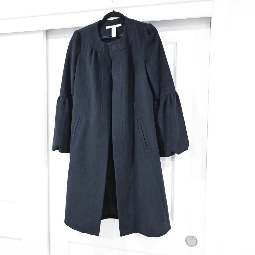 Diane von Furstenberg Size 6 Navy Wool Puff Sleve Midi Pea Coat - Picture 3 of 9